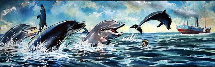 The Water Babies - Swimming with Dolphins (Original) by Jesus Blasco Art at The Illustration Art Gallery