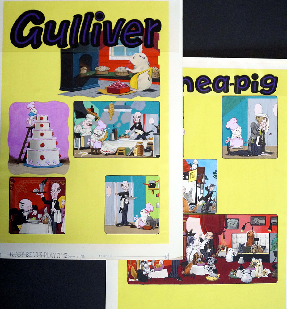 Gulliver Guinea Pig - Let Sleeping Dogs Dine (Original) art by Gulliver Guinea-Pig (Gordon Hutchings) Art at The Illustration Art Gallery