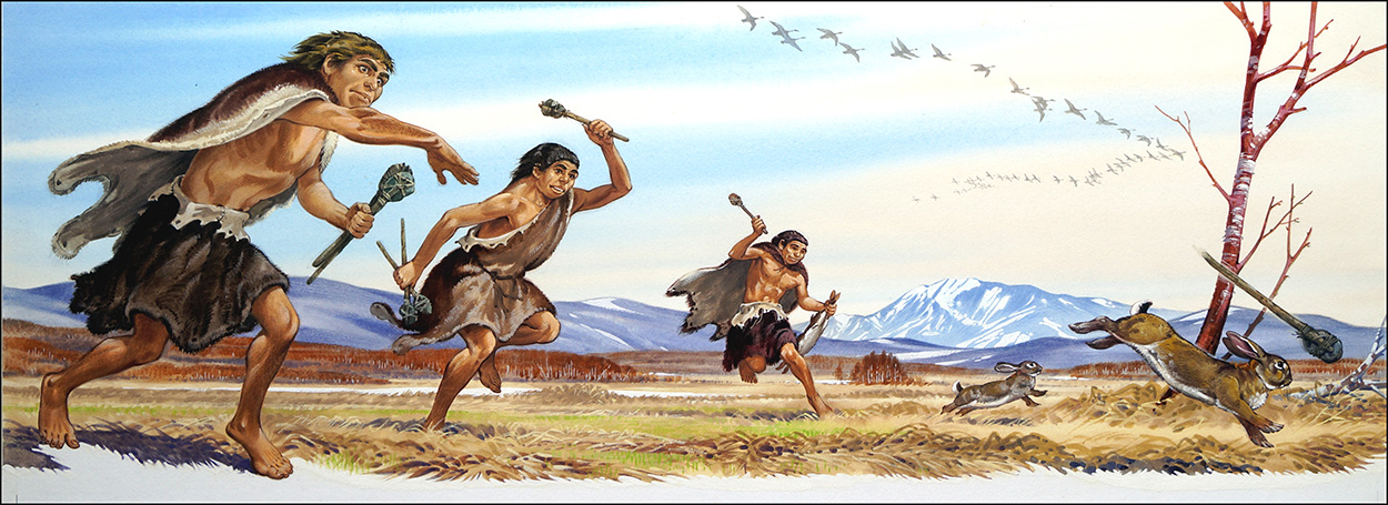 Neanderthal Boys Hunting Rabbits (Original) art by Bernard Long Art at The Illustration Art Gallery