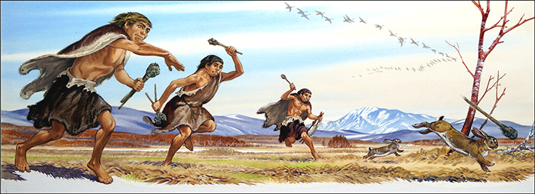 Neanderthal Boys Hunting Rabbits (Original) by Bernard Long Art at The Illustration Art Gallery