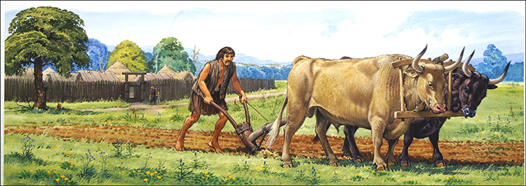 Neolithic Man Ploughing (Original) by Bernard Long Art at The Illustration Art Gallery